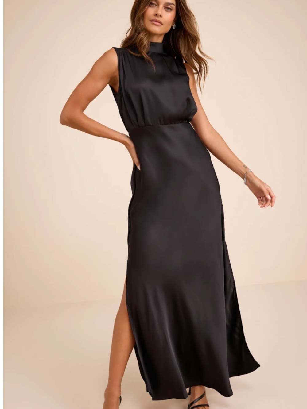 Classic Elegance Black Satin Sleeveless Mock Neck Maxi Dress
